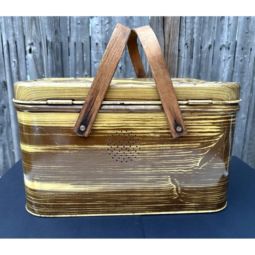 Vintage tin litho wood grain picnic basket hinged lid box wood handles retro - Picture 3 of 8
